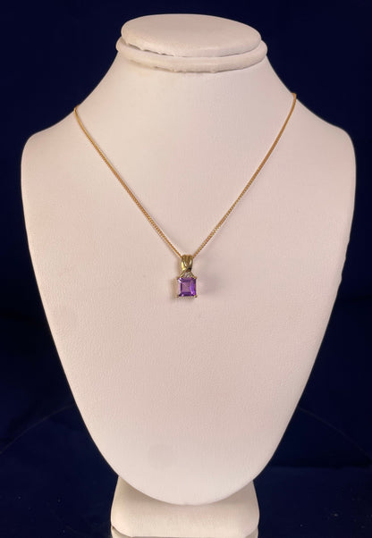 9ct Yellow Gold Square Amethyst with Diamond Chip Pendant Necklace