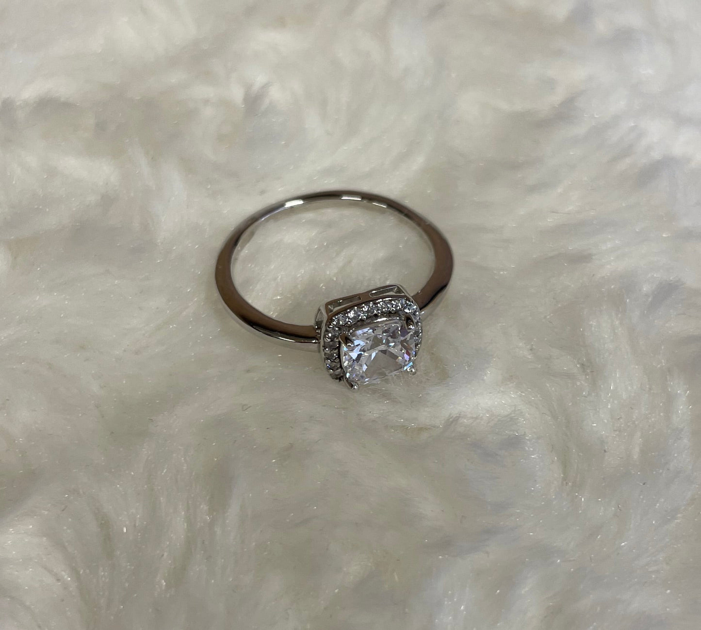Rhodium-Plated Silver Cushion Shape Cubic Zirconia Cluster Ring