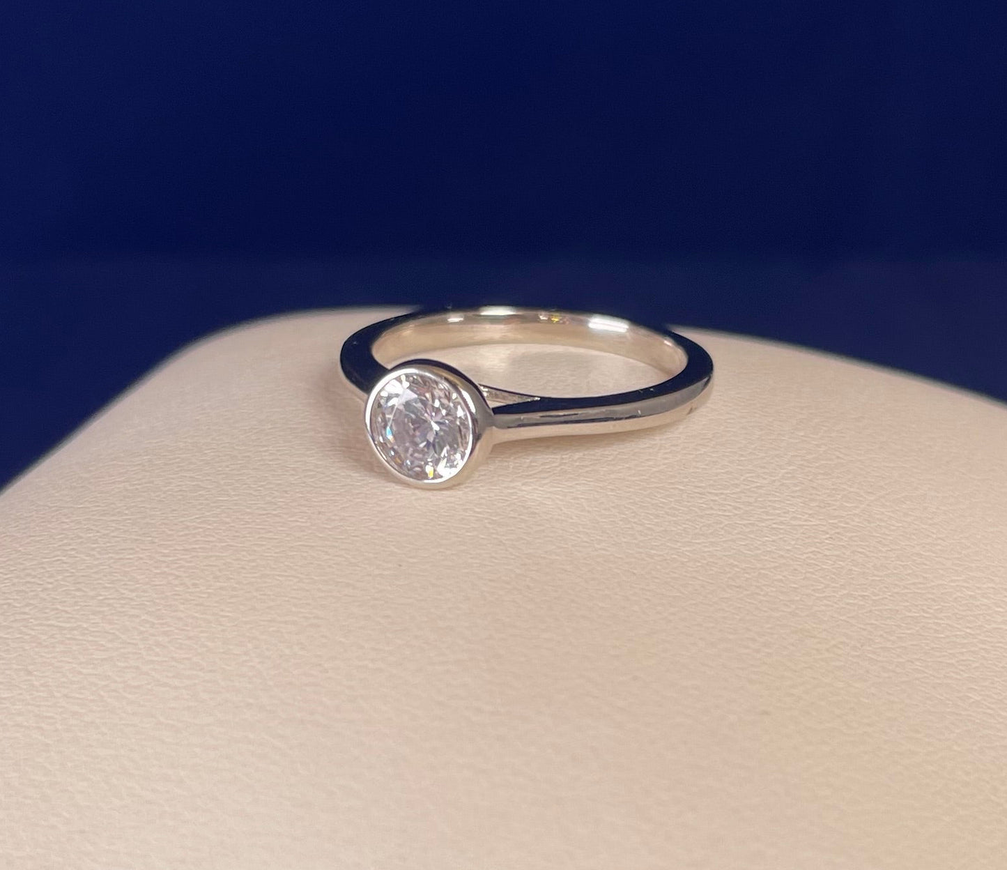 Rhodium-Plated Silver Round Cut Solitaire Cubic Zirconia Bezel Set
