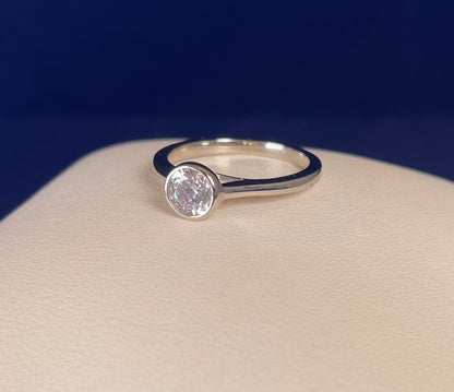 Rhodium-Plated Silver Round Cut Solitaire Cubic Zirconia Bezel Set