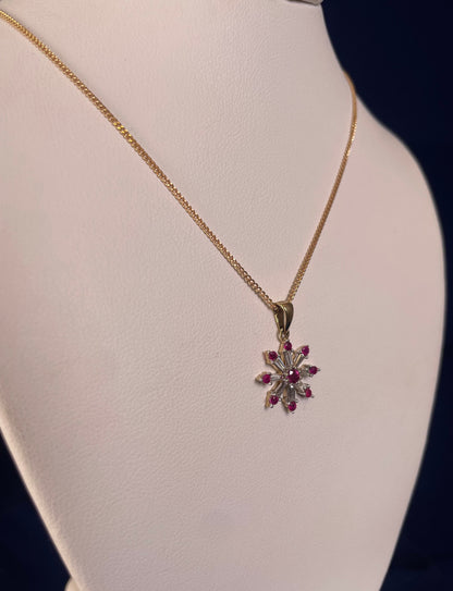 9ct Yellow Gold Diamond & Ruby Snow Flake Pendant Necklace
