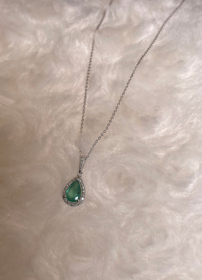 9ct White Gold Emerald & Diamond Cluster Pendant Necklace