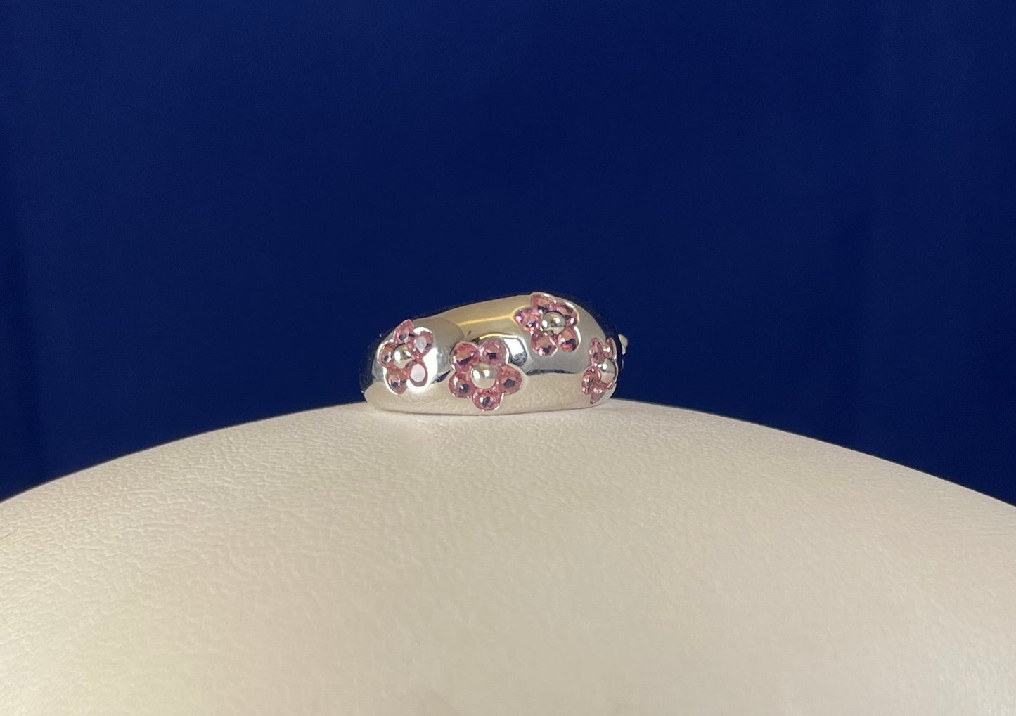 9ct White Gold Dome Dress Ring Set with Five Cluster Pink Sapphire flowers