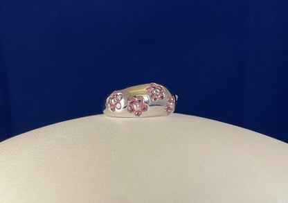 9ct White Gold Dome Dress Ring Set with Five Cluster Pink Sapphire flowers