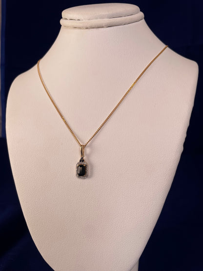 9ct Yellow Gold Emerald Cut Red Sapphire & Diamond Cluster Pendant Necklace