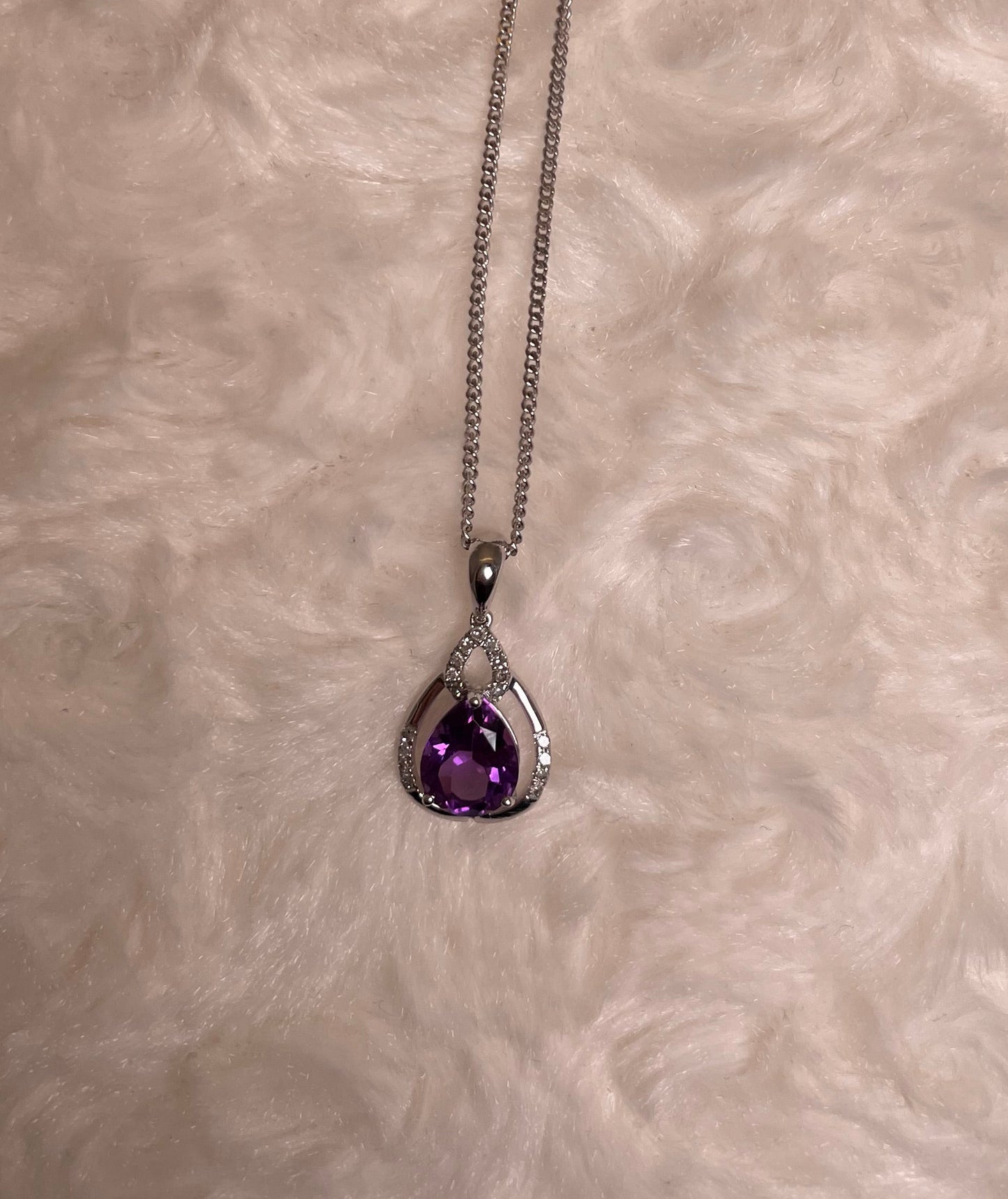 9ct White Gold Pear Amethyst & Diamond Pendant Necklace