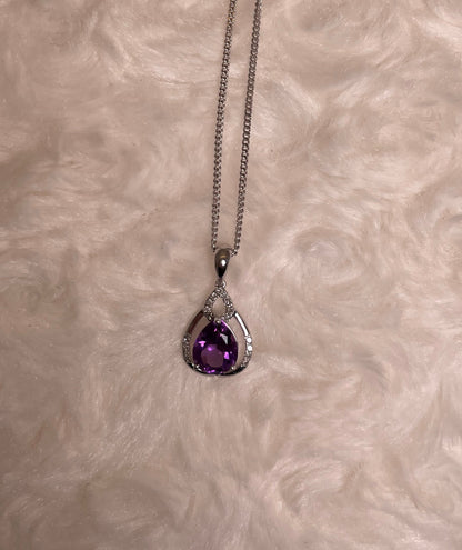 9ct White Gold Pear Amethyst & Diamond Pendant Necklace