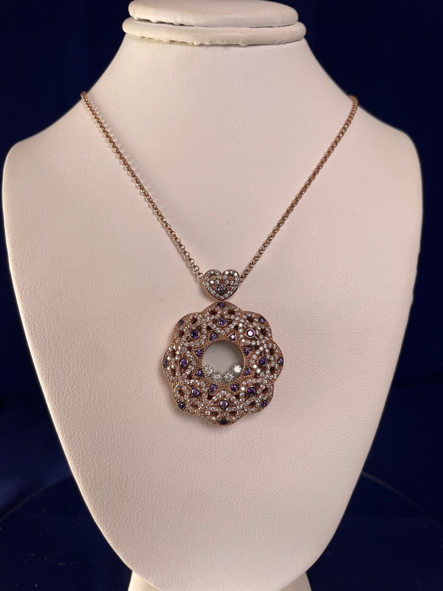 Rose Gold Plated Flower Pendant Necklace with Cubic Zirconias