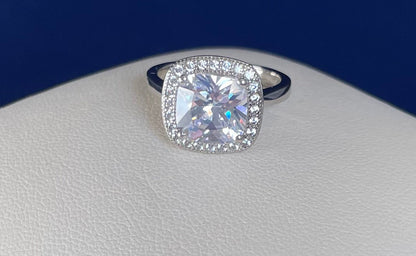 Large Cushion Shape Cubic Zirconia Cluster Rhodium Plated Ring