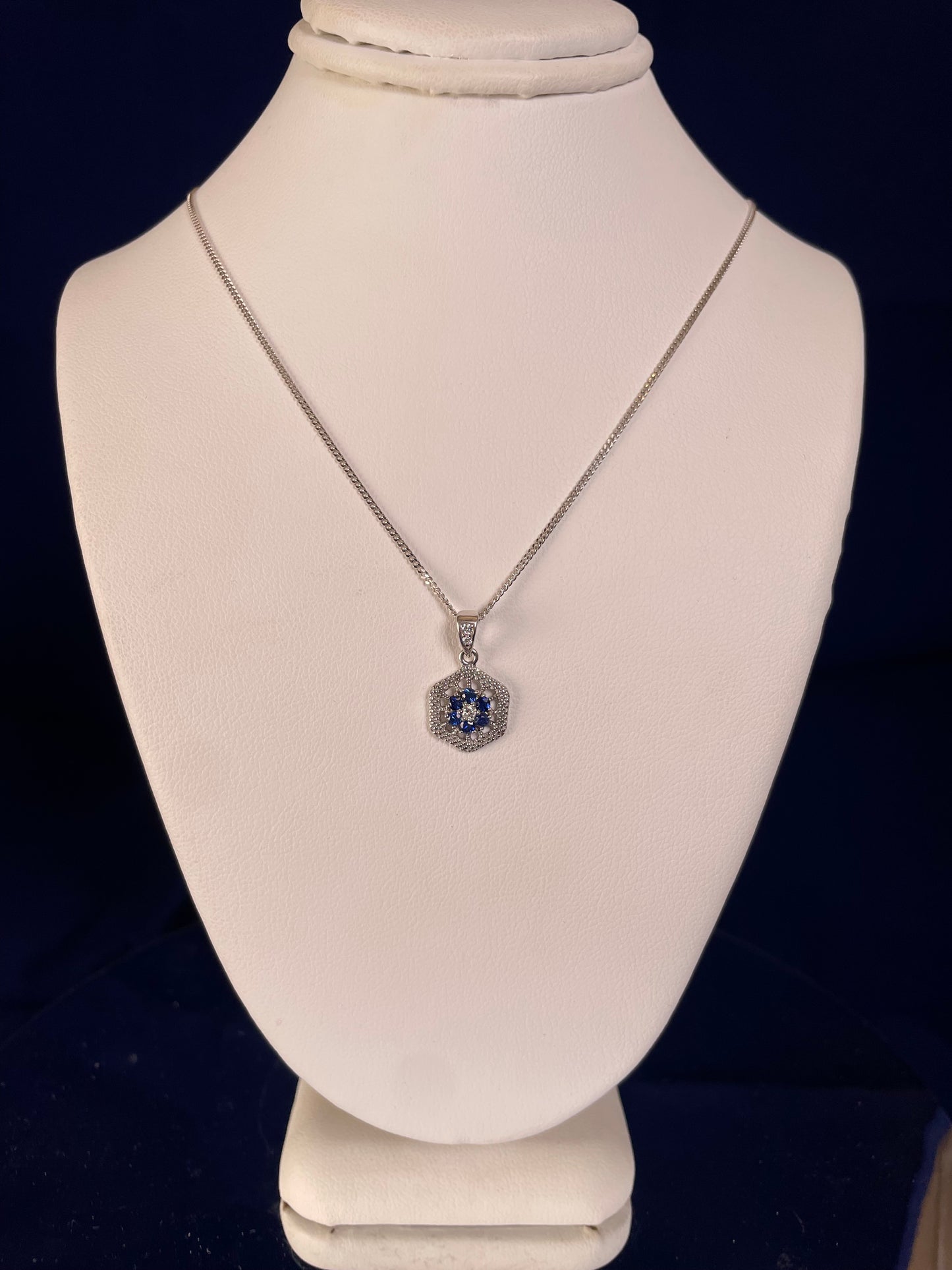 9ct White Gold Sapphire & Diamond Hexagonal Design Pendant Necklace