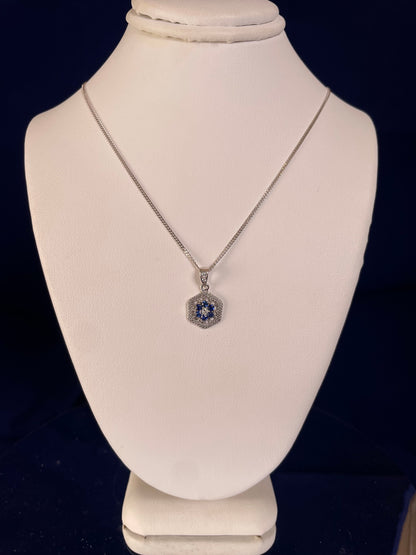 9ct White Gold Sapphire & Diamond Hexagonal Design Pendant Necklace