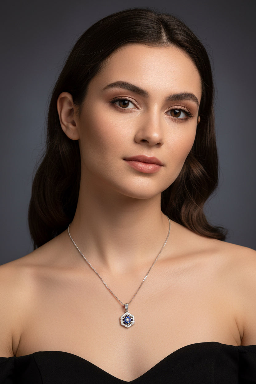 9ct White Gold Sapphire & Diamond Hexagonal Design Pendant Necklace