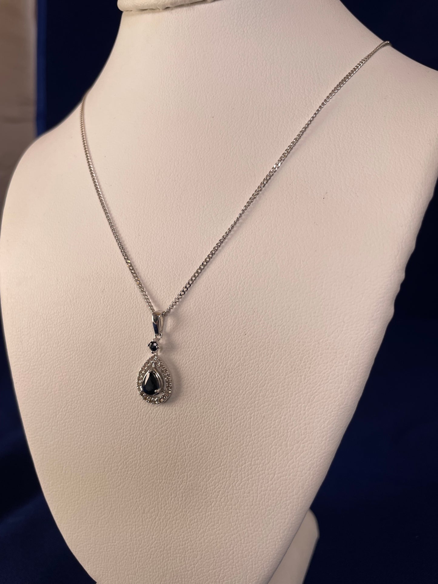 9ct White Gold Sapphire & Diamond Pear Shaped Pendant Necklace