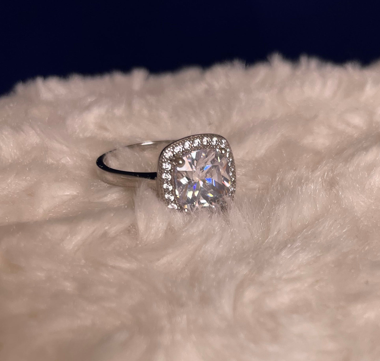 Large Cushion Shape Cubic Zirconia Cluster Rhodium Plated Ring