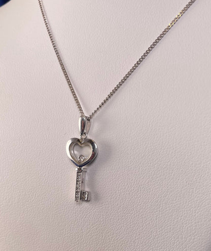 9ct White Gold Key Pendant with Diamond Chips & Floating Diamond