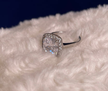 Rhodium-Plated Silver Large Cushion Shape Cubic Zirconia Cluster Ring