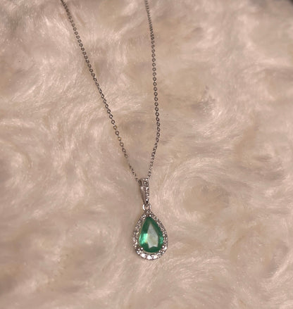 9ct White Gold Emerald & Diamond Cluster Pendant Necklace