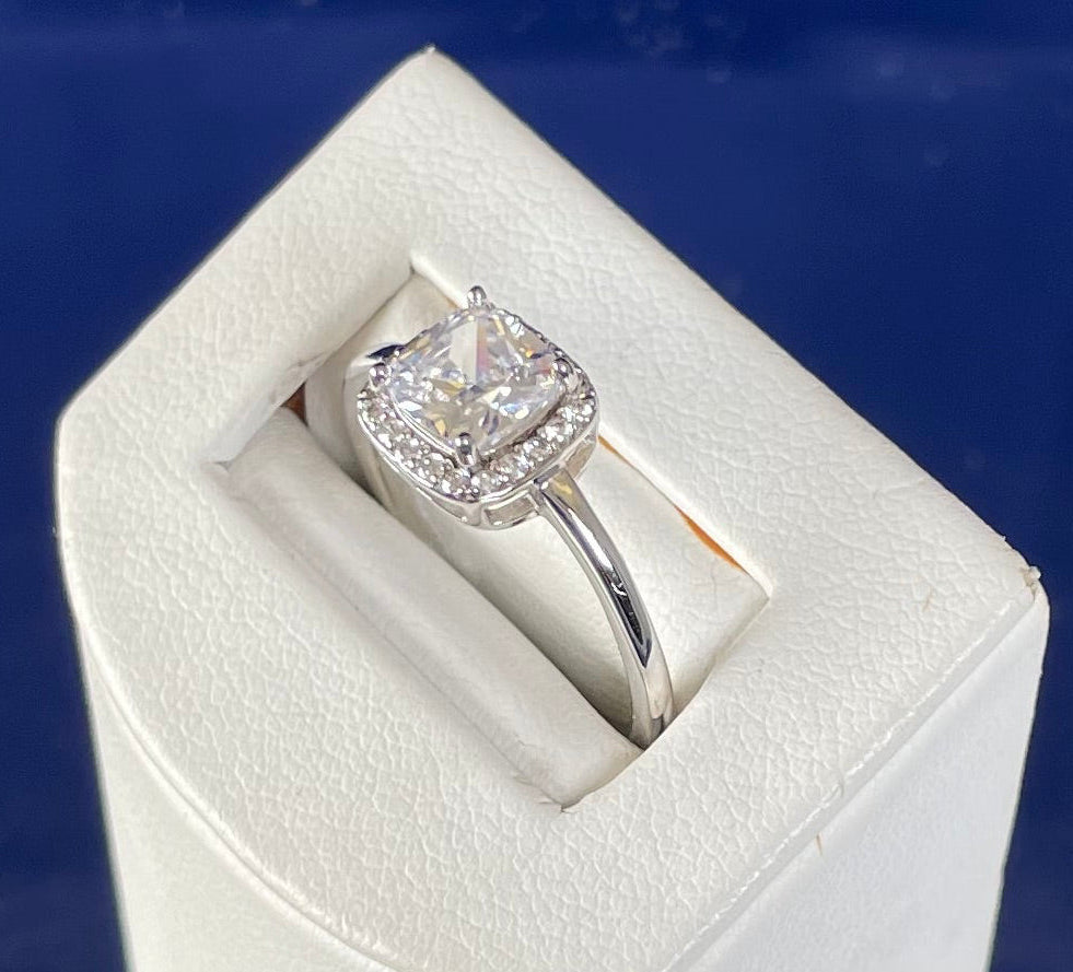 Rhodium-Plated Silver Cushion Shape Cubic Zirconia Cluster Ring