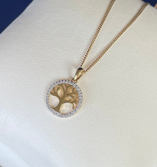9ct Yellow Gold & Diamond Tree of Life Pendant Necklace