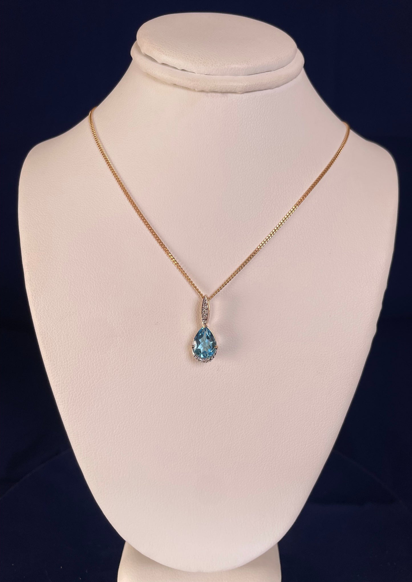 9ct Yellow Gold Pear Shape Blue Topaz & Diamond Pendant Necklace