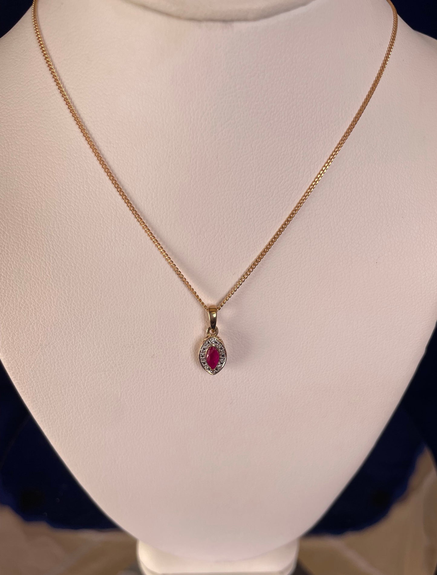 9ct Yellow Gold Marquise Ruby & Diamond Pendant Necklace