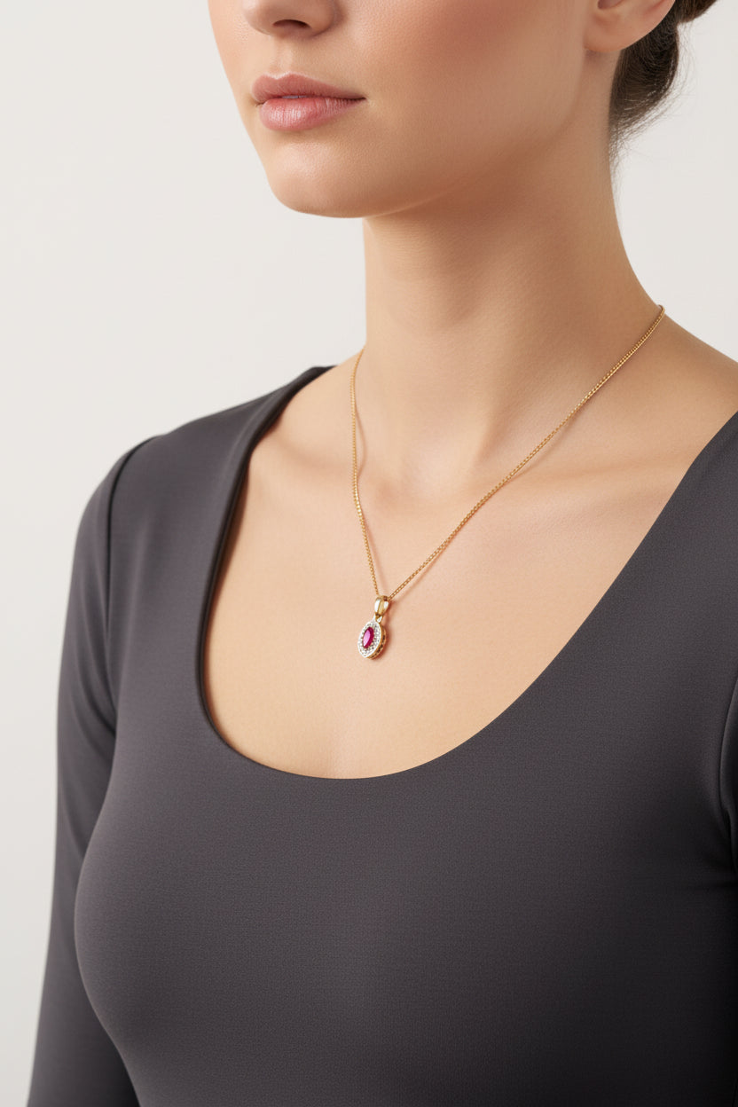 9ct Yellow Gold Marquise Ruby & Diamond Pendant Necklace
