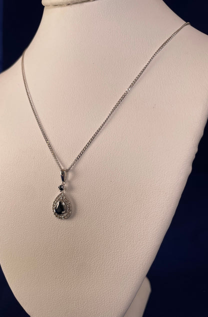 9ct White Gold Sapphire & Diamond Pear Shaped Pendant Necklace