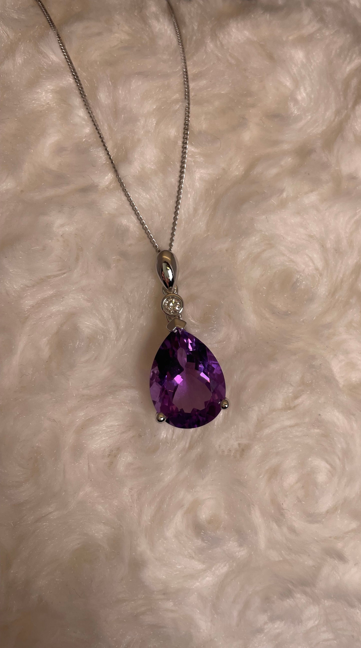 9ct White Gold Pear Shape Amethyst + One Diamond Pendant Necklace