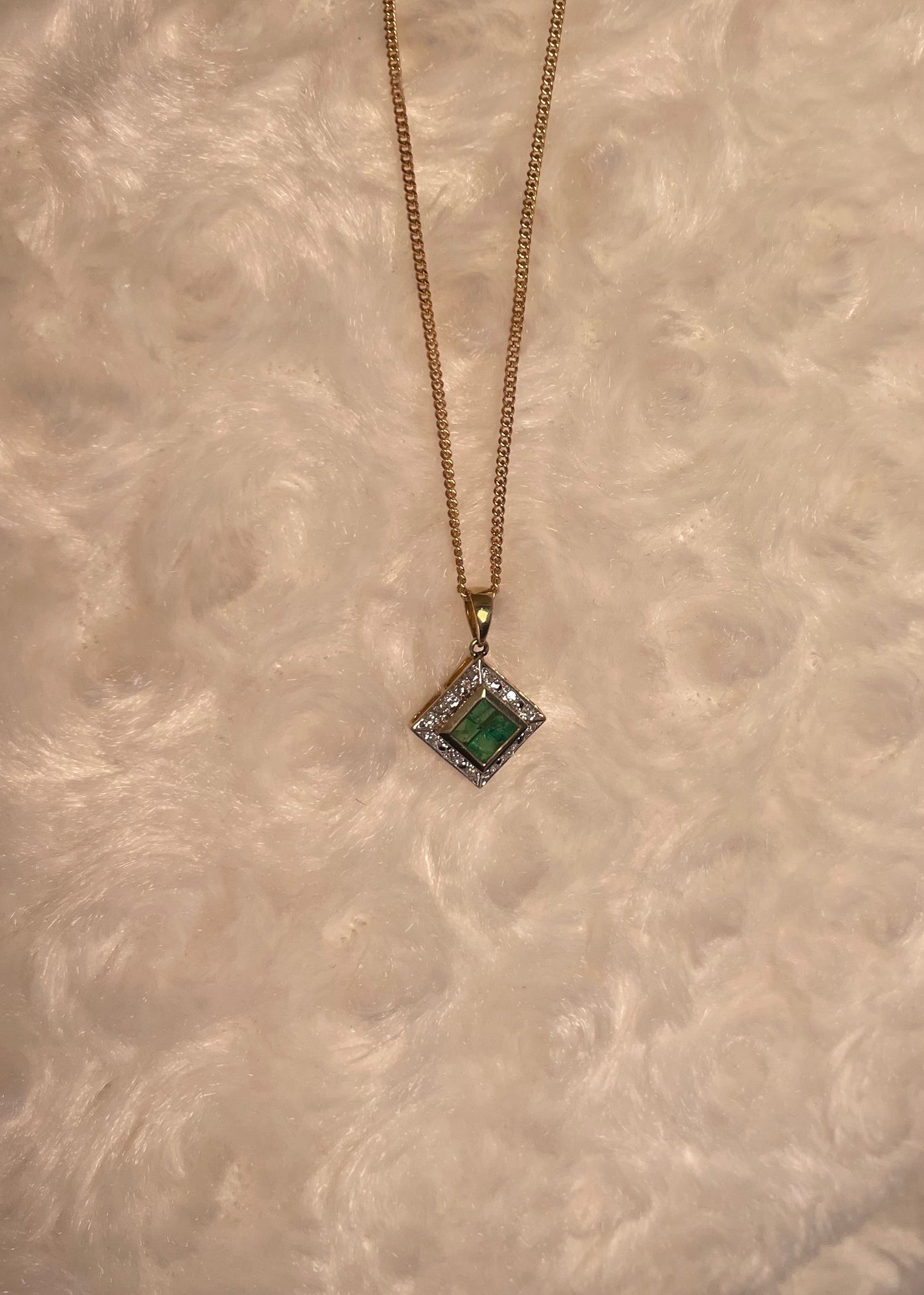 9ct Yellow Gold Diamond & Emerald Square Pendant Necklace