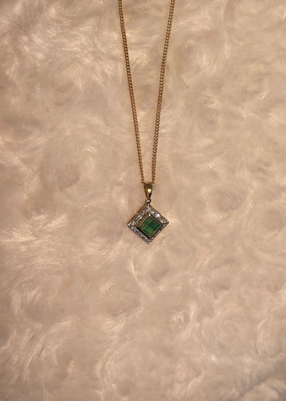 9ct Yellow Gold Diamond & Emerald Square Pendant Necklace