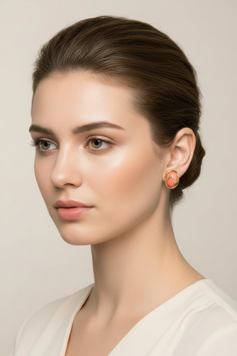 9ct Yellow Gold Oval Coral Cabochon Stud Earring