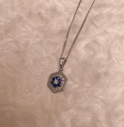 9ct White Gold Sapphire & Diamond Hexagonal Design Pendant Necklace
