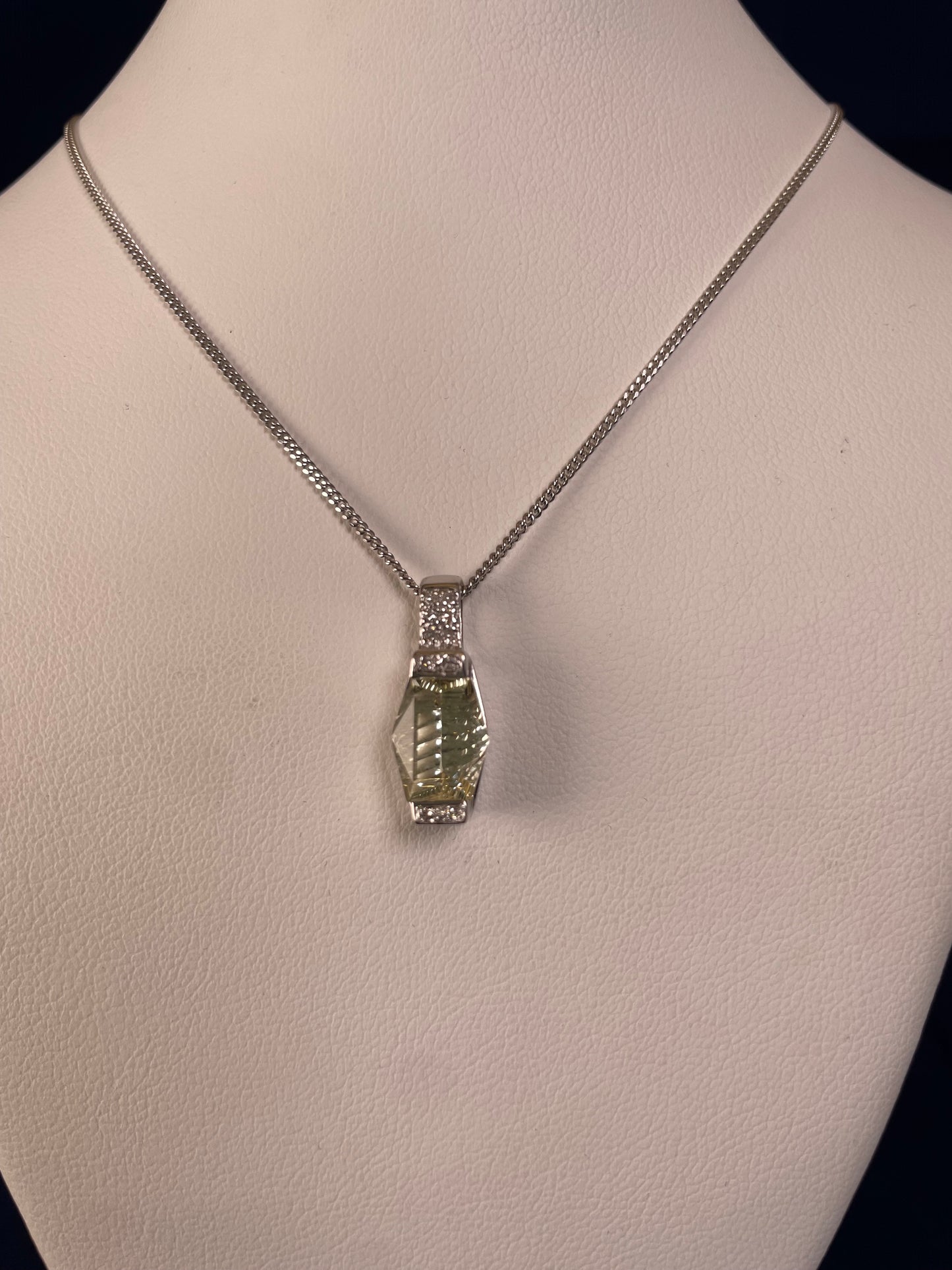 9ct White Gold Lemon Quart & Diamond Pendant Necklace
