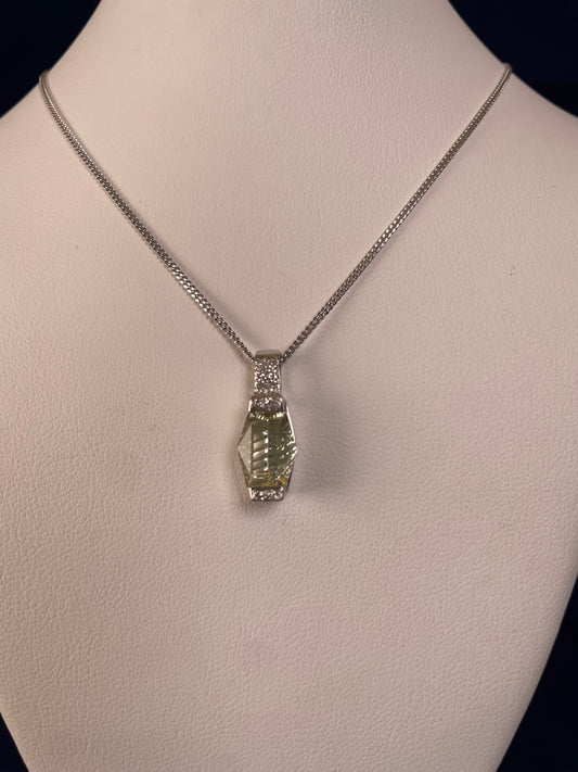 9ct White Gold Lemon Quart & Diamond Pendant Necklace