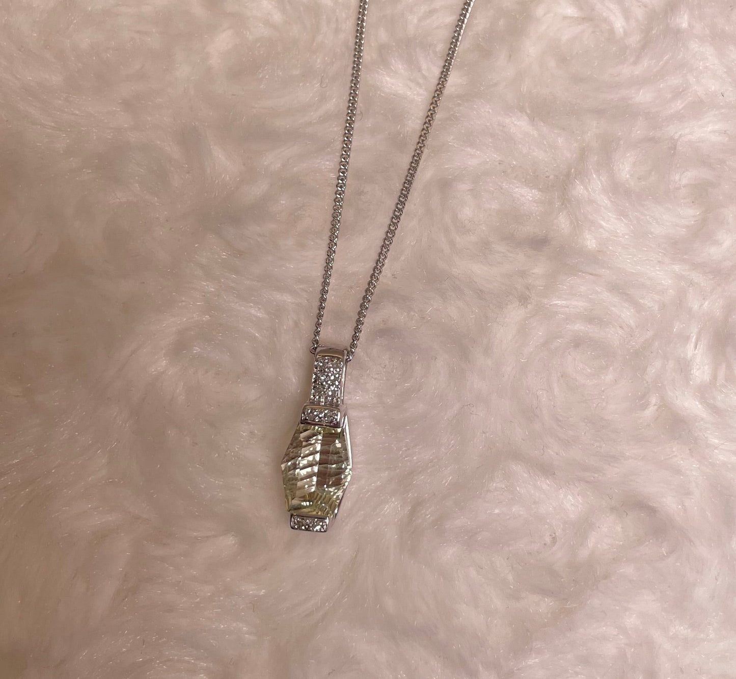 9ct White Gold Lemon Quartz & Diamond Pendant Necklace