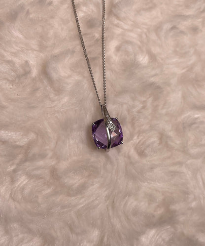 9ct White Gold Amethyst Pendant with Diamond Bale Surround Necklace
