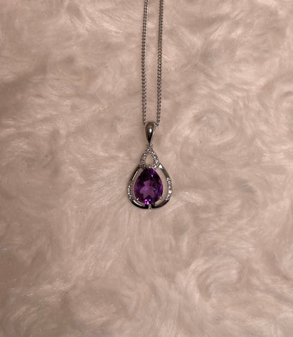 9ct White Gold Pear Amethyst & Diamond Pendant Necklace