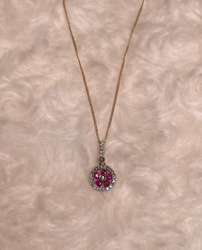 9ct Yellow Gold Cartwheel Design Diamonds & Rubies Pendant Necklace