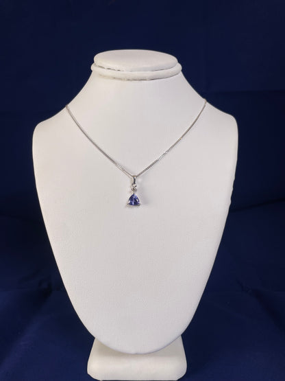 9ct White Gold Triangle Tanzanite Pendant with Small Diamond Necklace