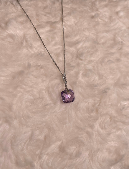 9ct White Gold Pineapple Cut Cushion Shape Amethyst Drop Pendant Necklace