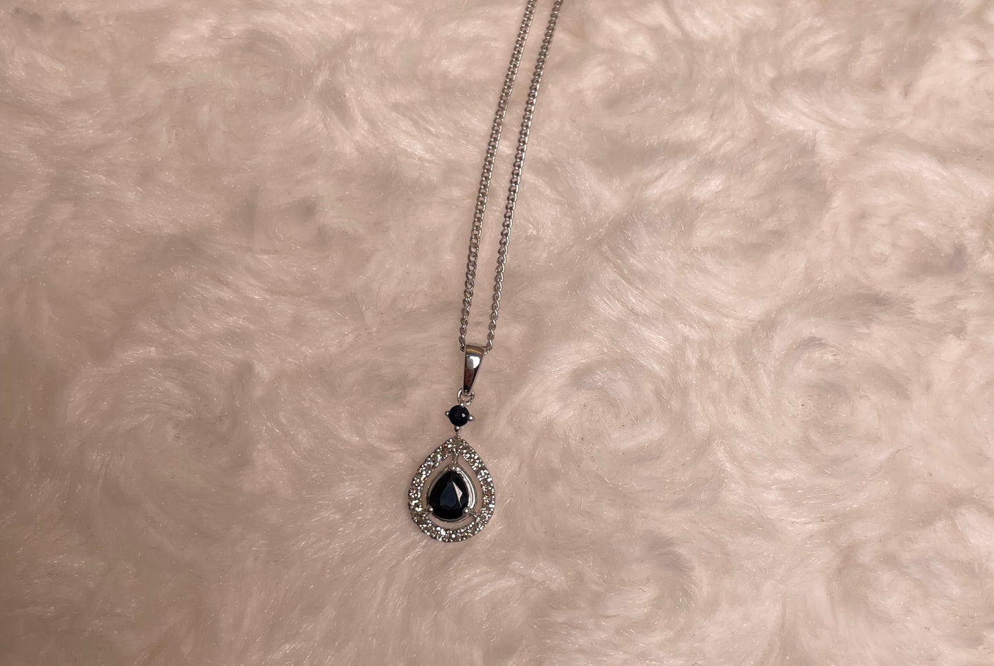 9ct White Gold Sapphire & Diamond Pear Shaped Pendant Necklace