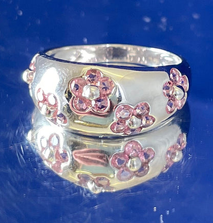 9ct White Gold Dome Dress Ring Set with Five Cluster Pink Sapphire flowers