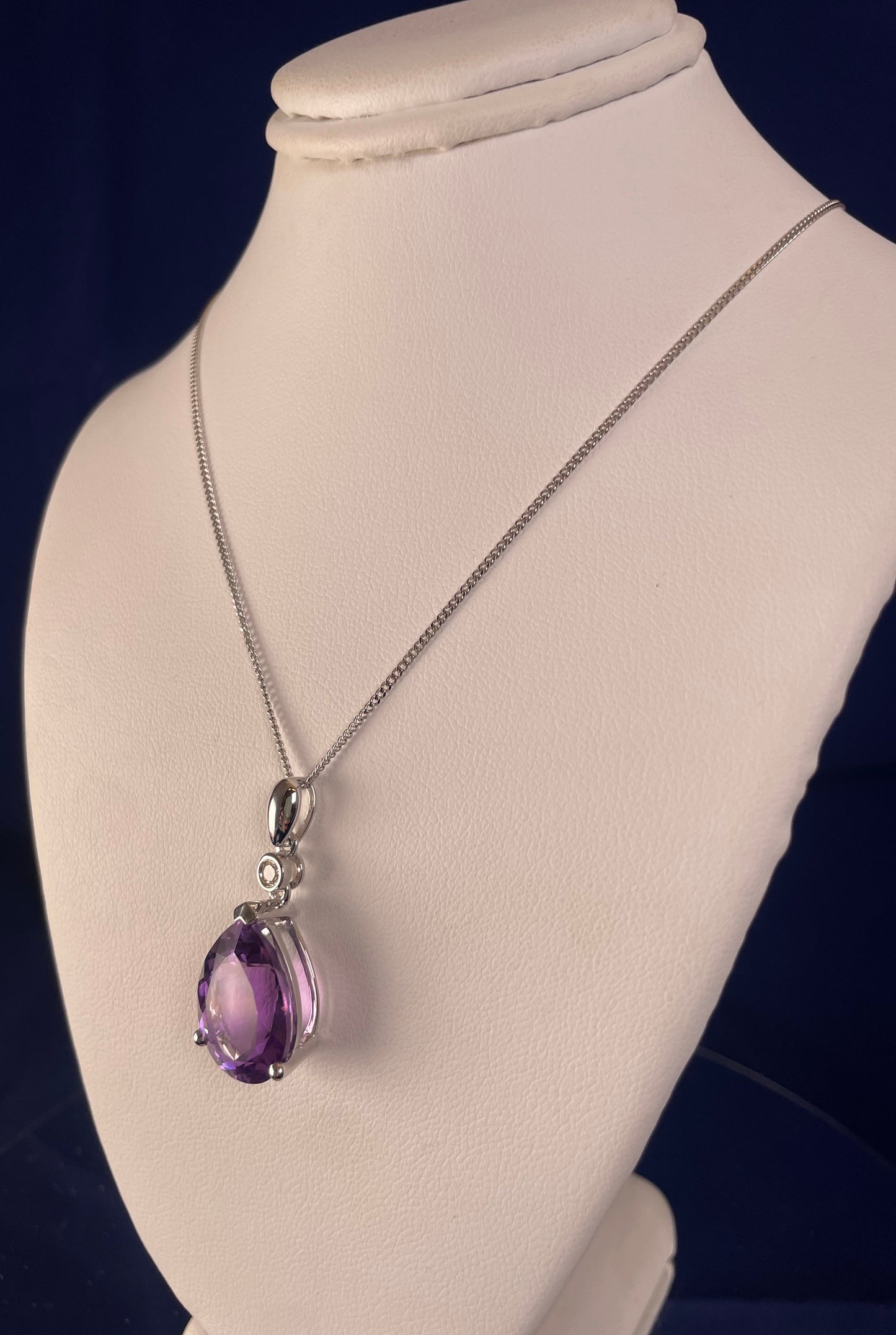9ct White Gold Pear Shape Amethyst + One Diamond Pendant Necklace
