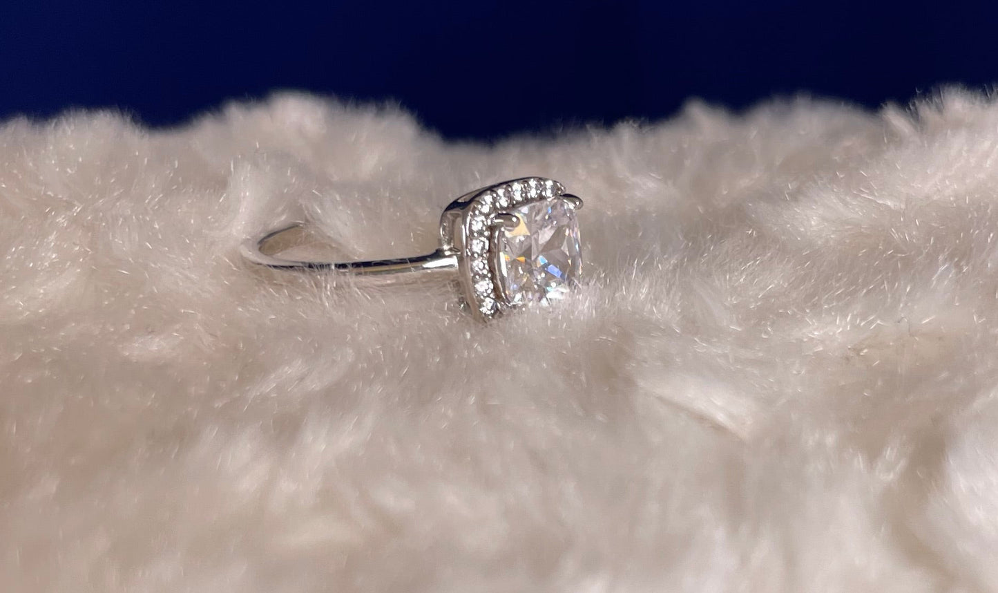 Rhodium-Plated Silver Cushion Shape Cubic Zirconia Cluster Ring