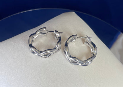9ct White Gold Wave Hoop Earrings