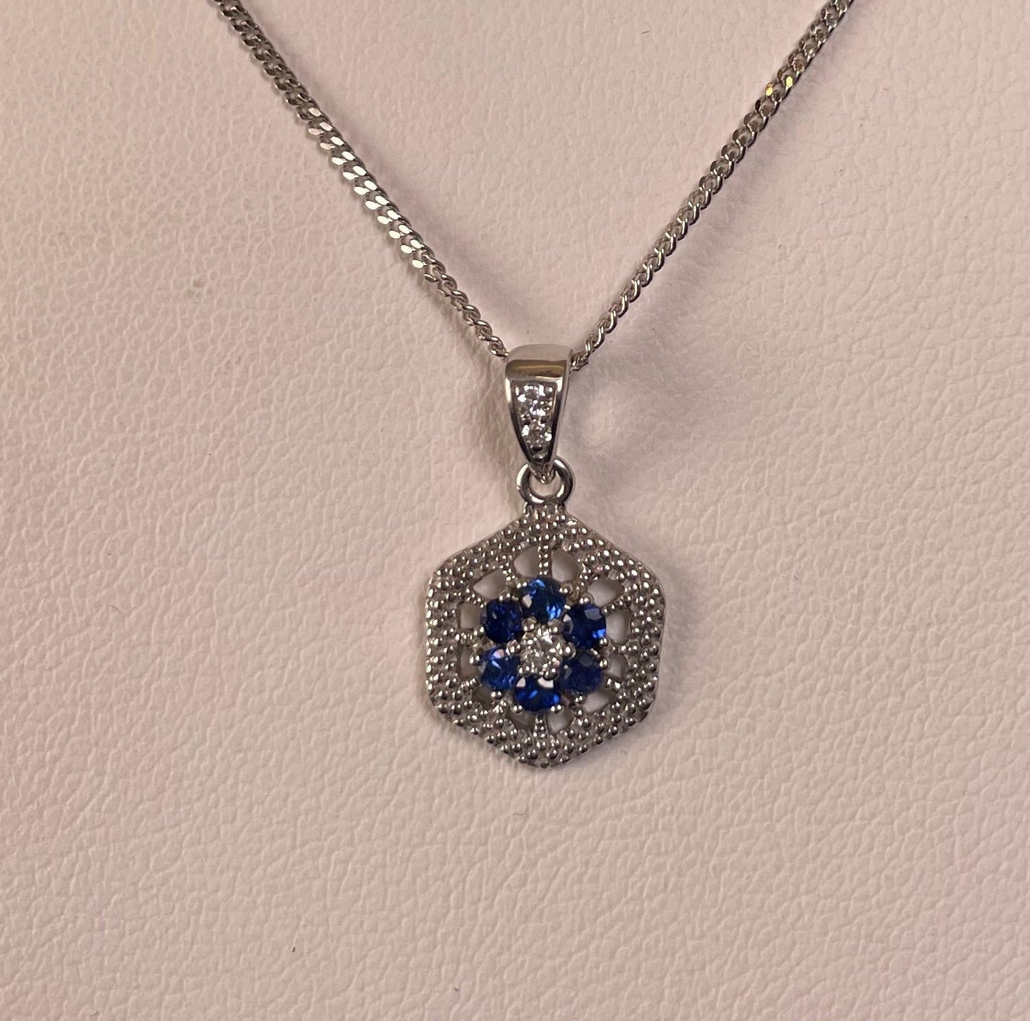 9ct White Gold Sapphire & Diamond Hexagonal Design Pendant Necklace