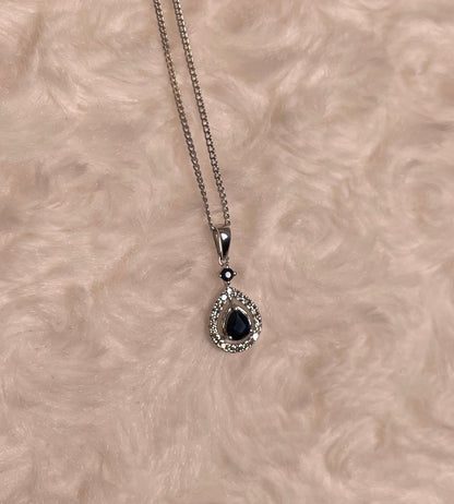 9ct White Gold Sapphire & Diamond Pear Shaped Pendant Necklace