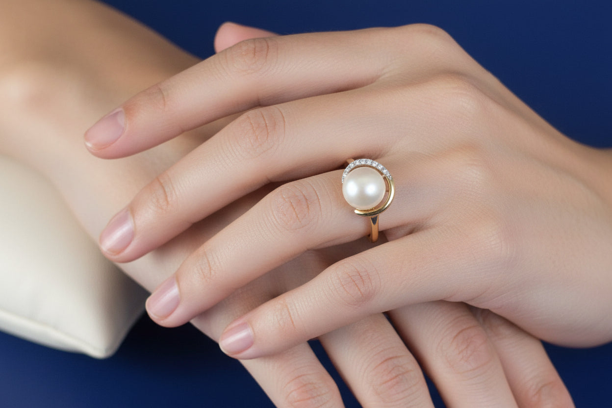 9ct Yellow Gold Freshwater Cultured Pearl Dress Ring with Diamond Knot Setting