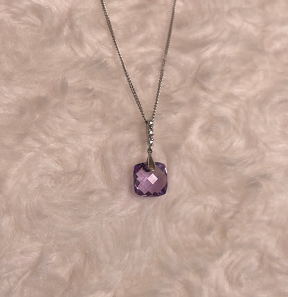 9ct White Gold Pineapple Cut Cushion Shape Amethyst Drop Pendant Necklace