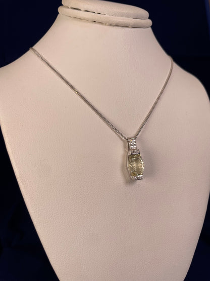 9ct White Gold Lemon Quart & Diamond Pendant Necklace